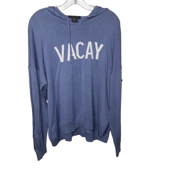 Rachel Zoe Blue Hooded Sweater VACAY Graphic Pullover Women’s XL Cashmere Blend - Picture 1 of 8